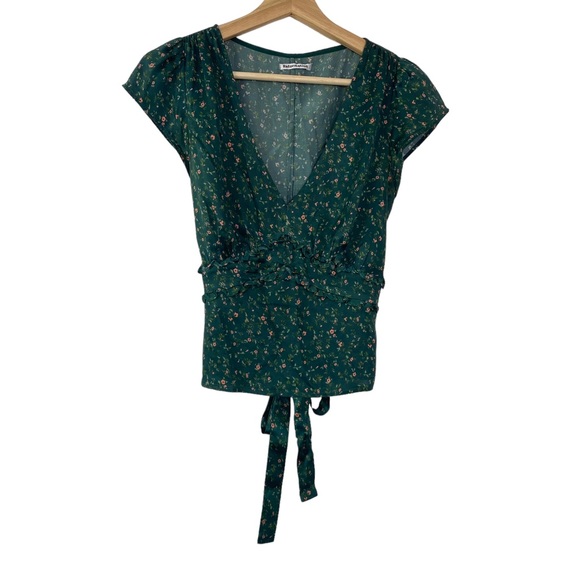 Reformation Tops - Reformation Green Floral Silk Wrap Top Flawed